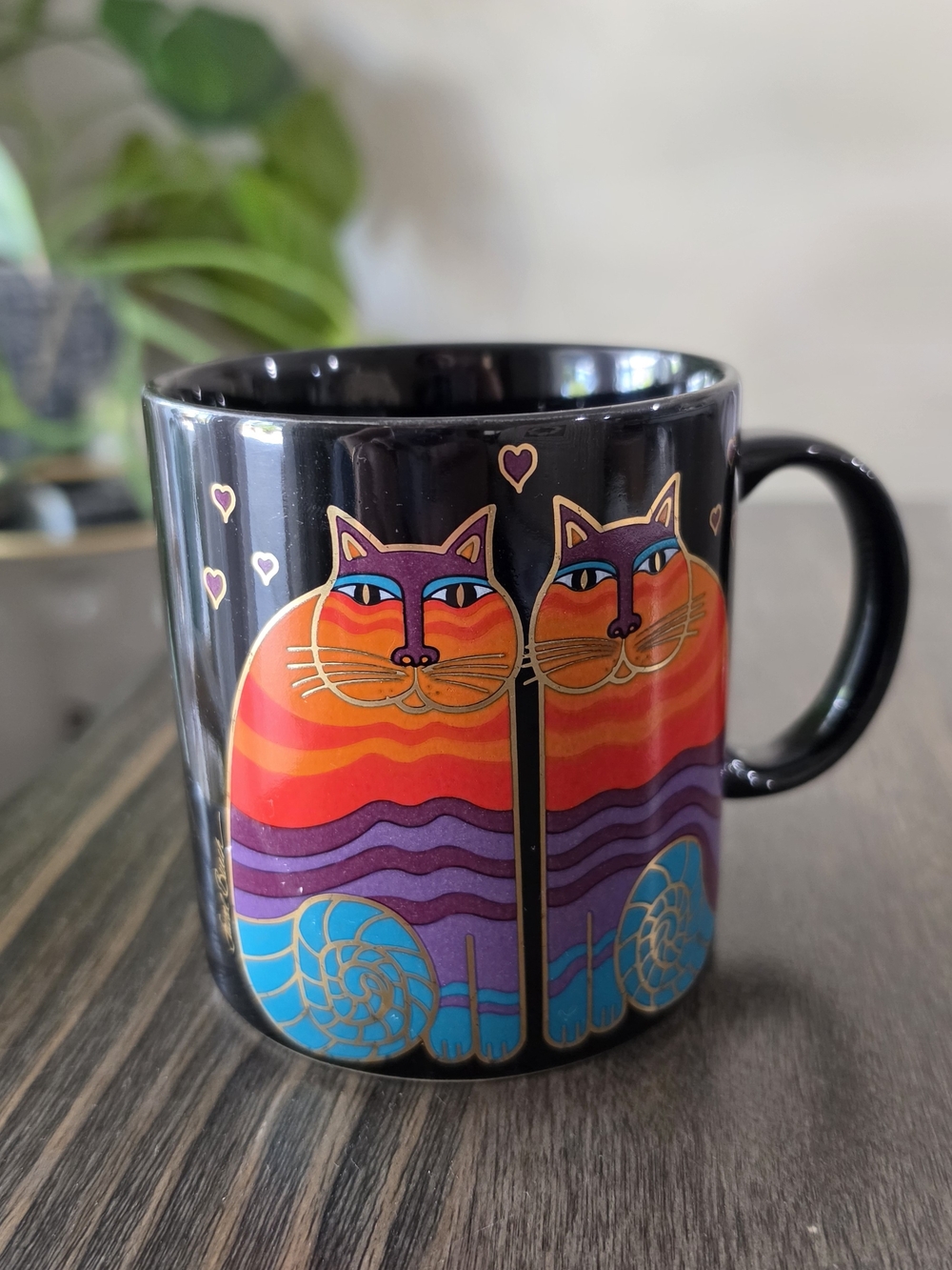 Laurel Burch Black Mug with Orange, Purple & Blue Twin Cats
